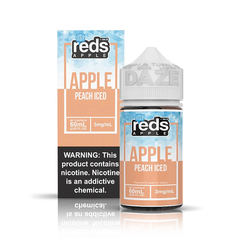Reds Apple Peach Ice Vape Juice, 60mL premium e-liquid with menthol. Shop SurgePuff!